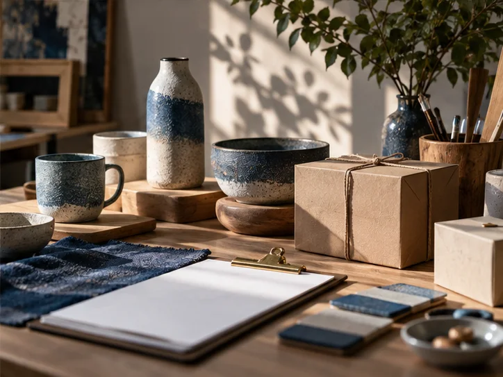 产品设计工作室的陶瓷和包装样品，旁边只有少量业务记录，账务支持产品经营的关系明确