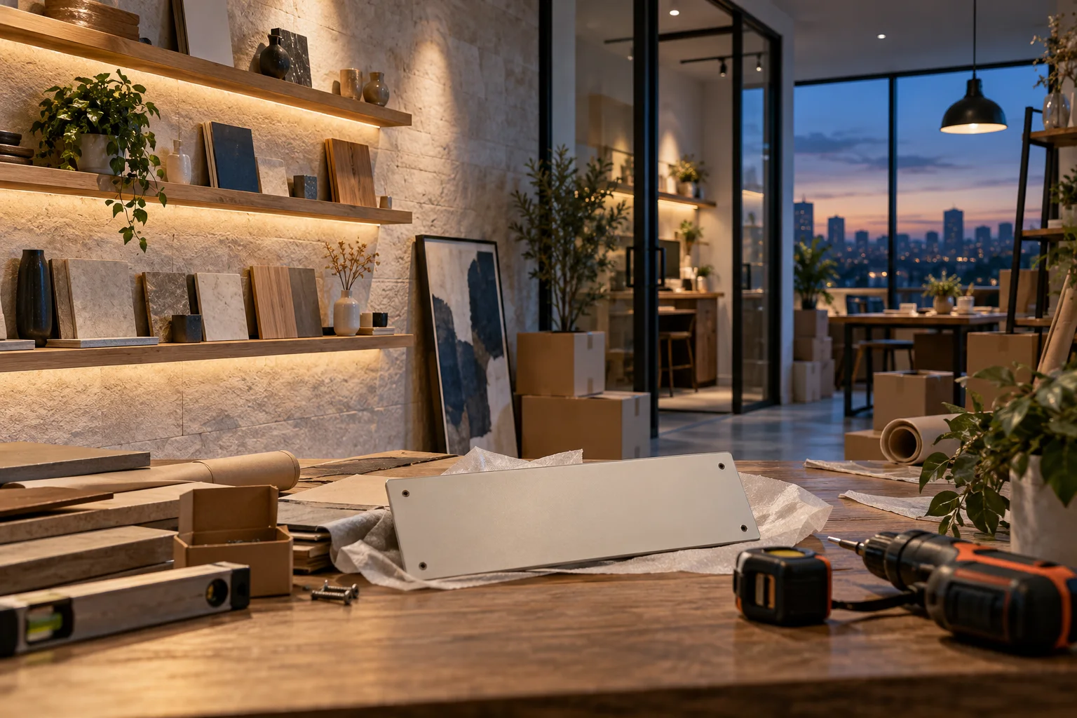 新工作室的样品展示墙刚布置好，未安装的空白门牌与工具放在前景，表达搬迁更新