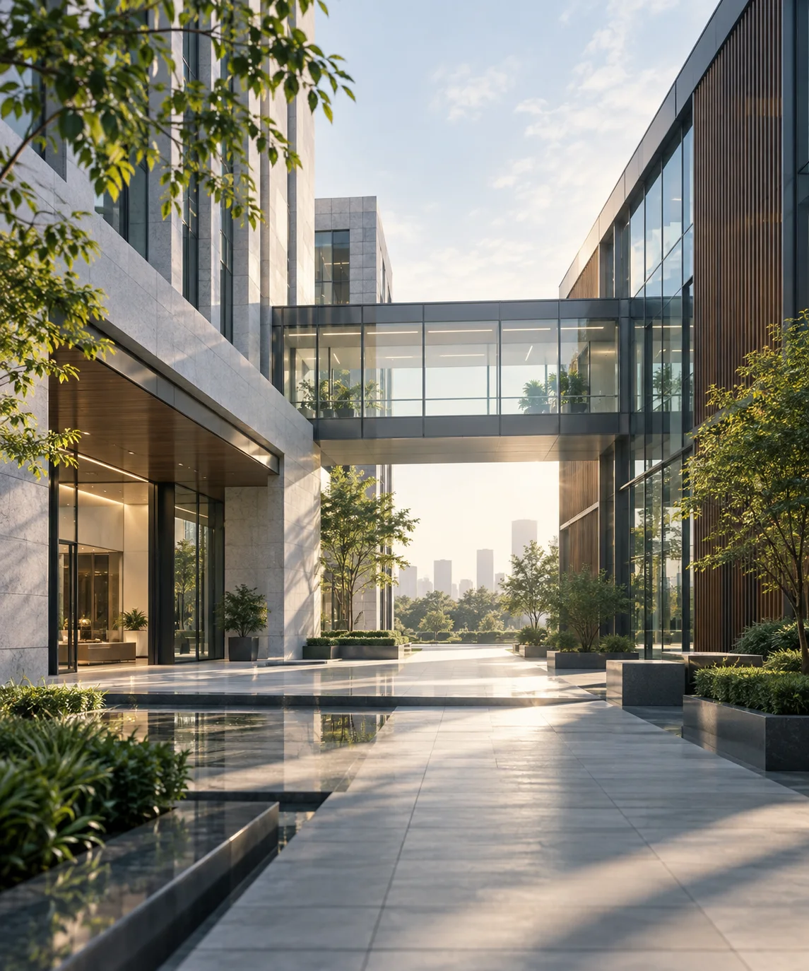 两翼不同材质的建筑通过通透廊桥相连，体量真实克制，以空间关系表达调整与协同