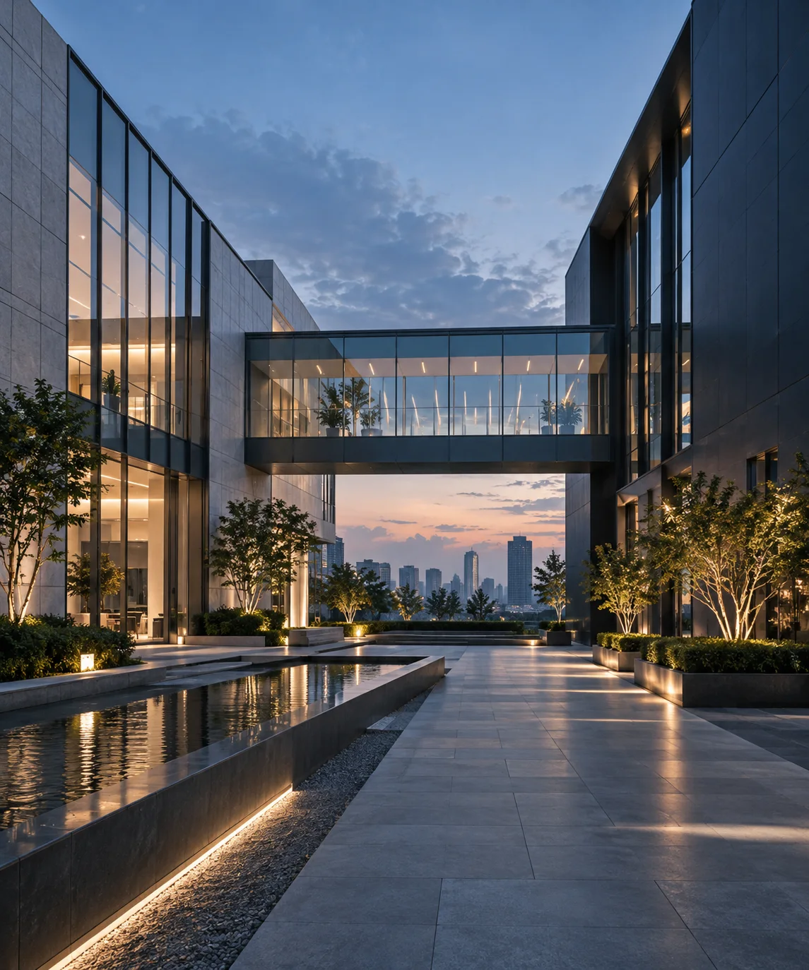 两翼不同材质的建筑通过通透廊桥相连，体量真实克制，以空间关系表达调整与协同