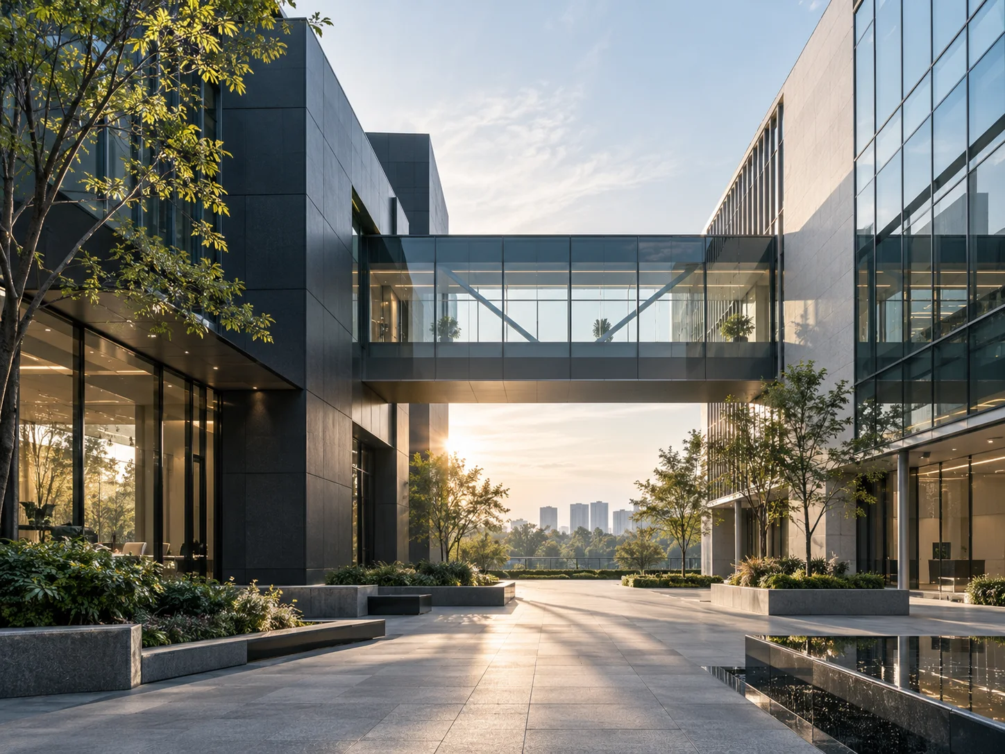 两翼不同材质的建筑通过通透廊桥相连,体量真实克制,以空间关系表达调整与协同
