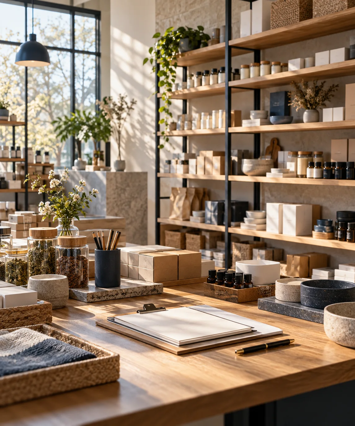 干净的产品样品与分类存储空间,细致的货架、空白资料记录,表现业务条件梳理