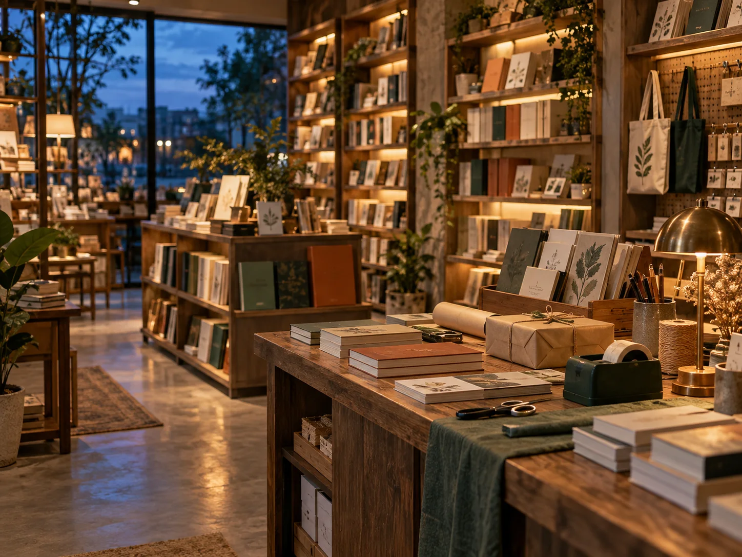 小型图书与文创门店的货架和包装区,书脊无可读文字,表现经营条件准备
