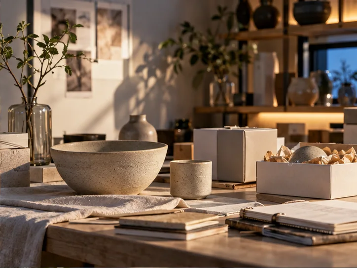 产品设计工作室的陶瓷和包装样品,旁边只有少量业务记录,账务支持产品经营的关系明确