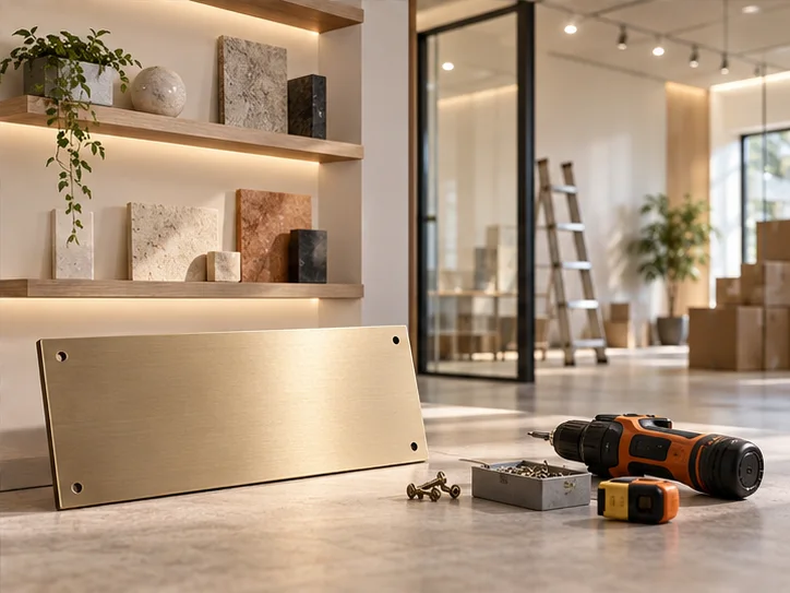 新工作室的样品展示墙刚布置好，未安装的空白门牌与工具放在前景，表达搬迁更新