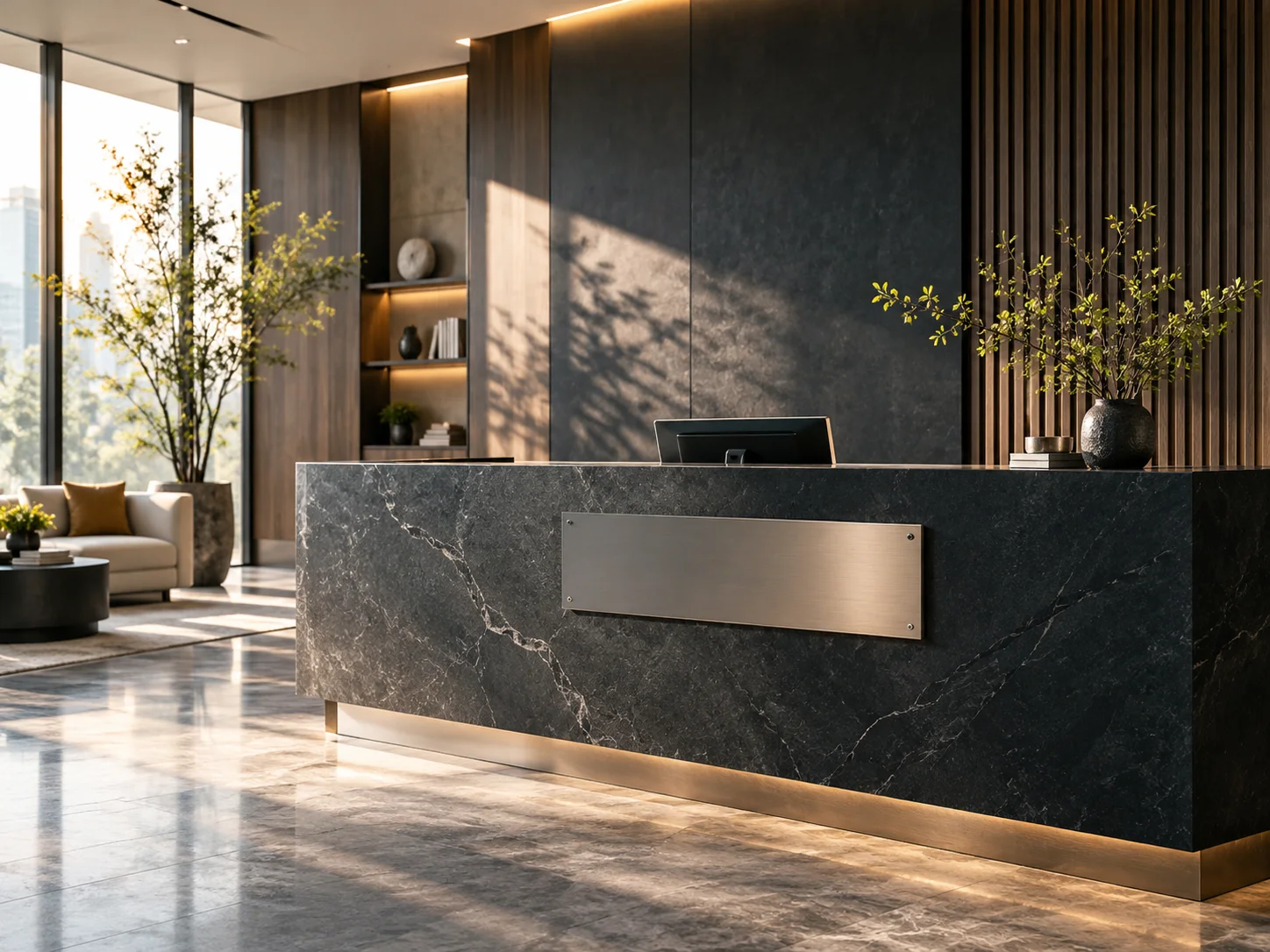 新经营场所的石材接待台与木作细节,空白金属标识正在等待安装