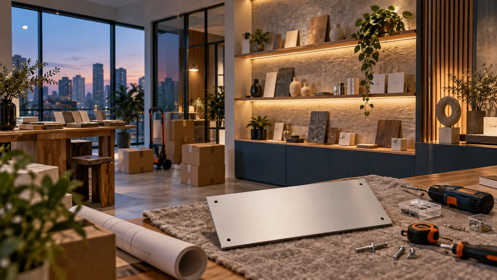 新工作室的样品展示墙刚布置好,未安装的空白门牌与工具放在前景,表达搬迁更新