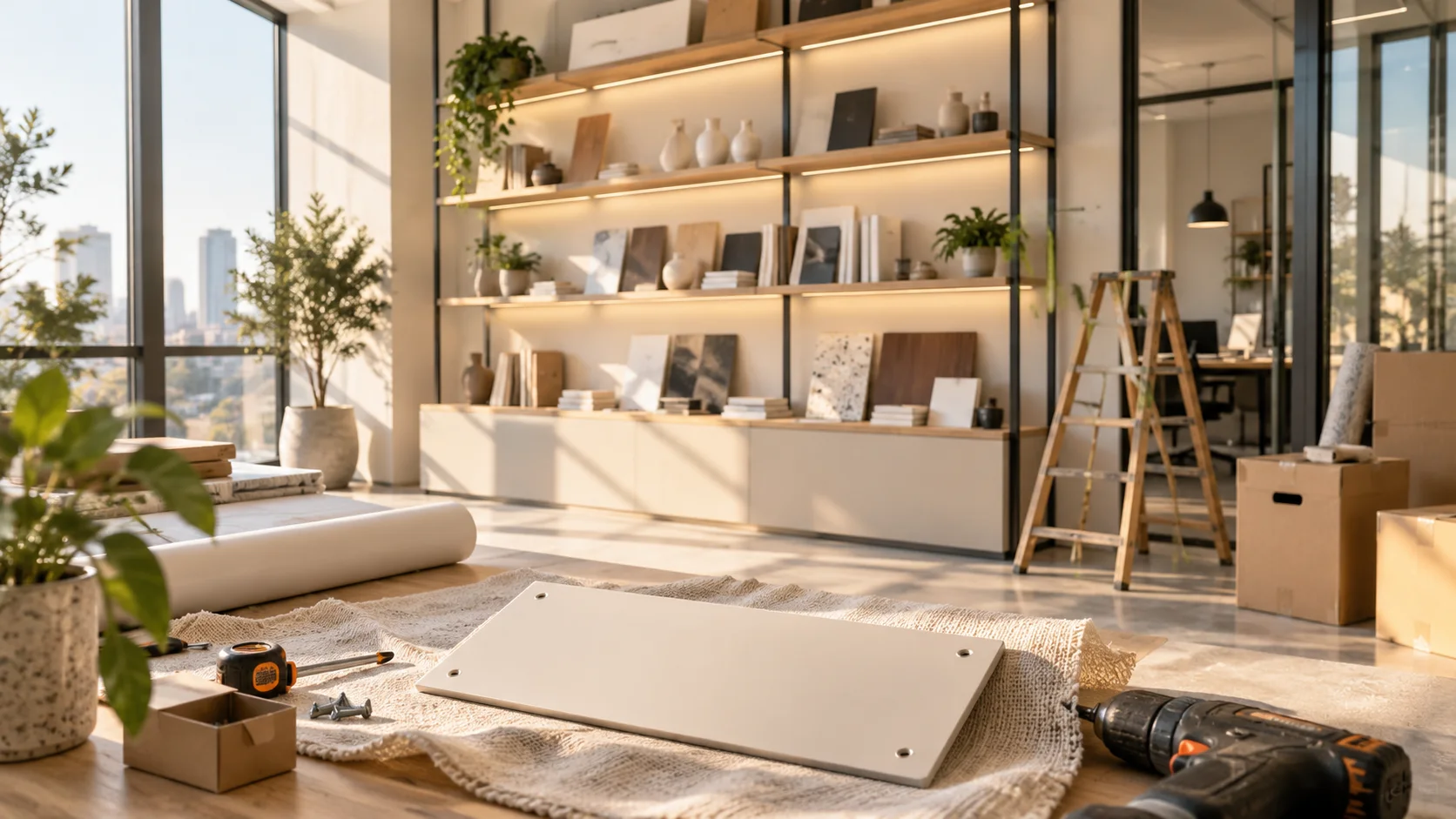 新工作室的样品展示墙刚布置好,未安装的空白门牌与工具放在前景,表达搬迁更新
