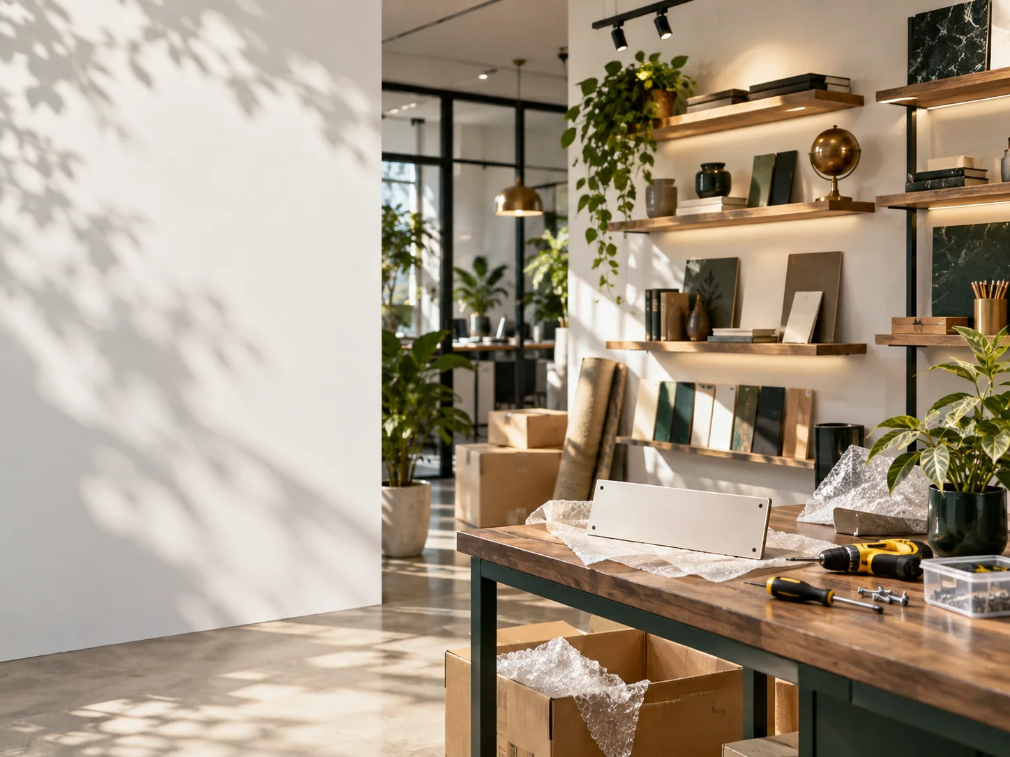 新工作室的样品展示墙刚布置好，未安装的空白门牌与工具放在前景，表达搬迁更新