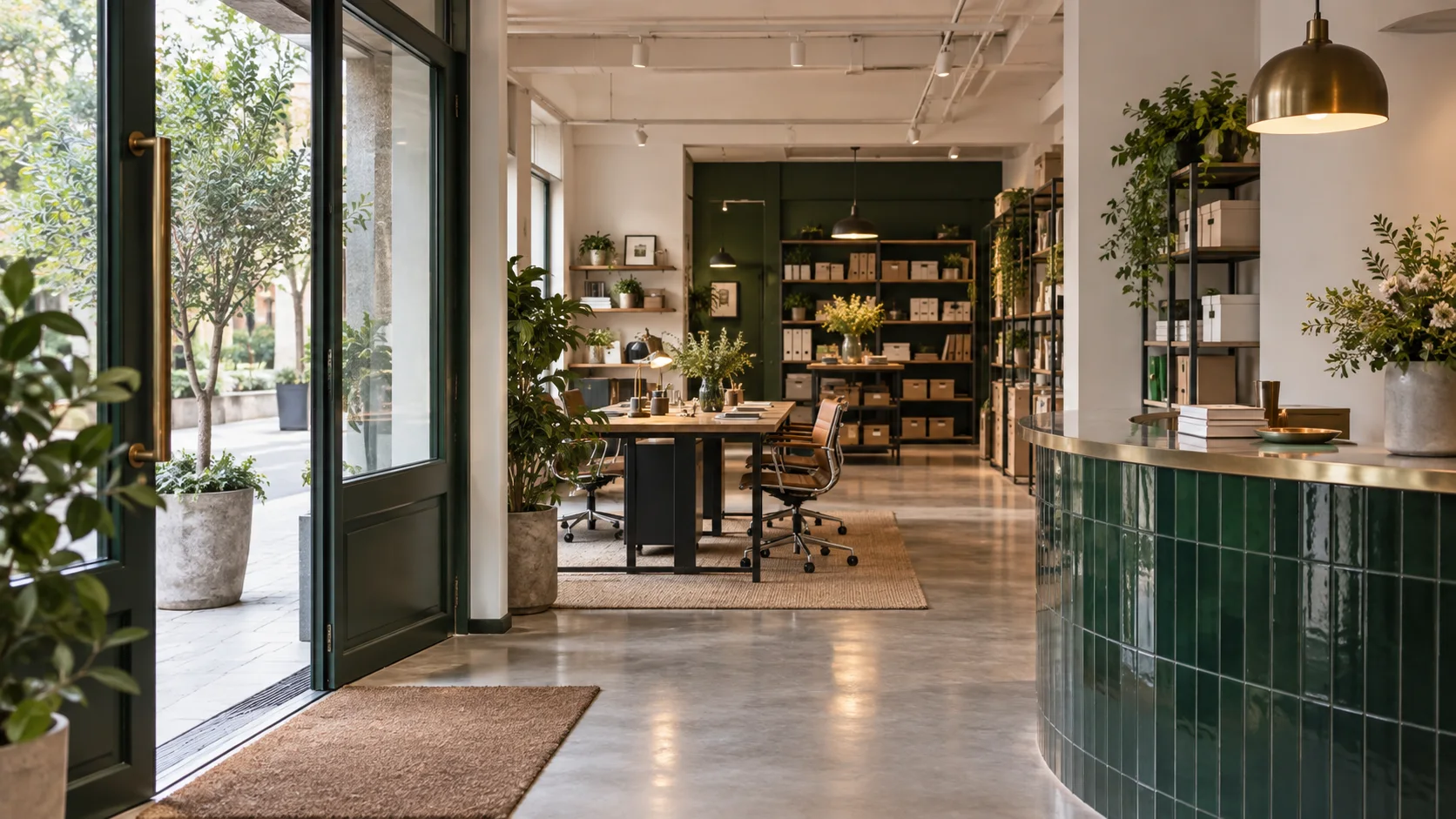 灯光刚亮起的经营空间,入口、工作区、储物区形成连续深度,呈现有准备地开业