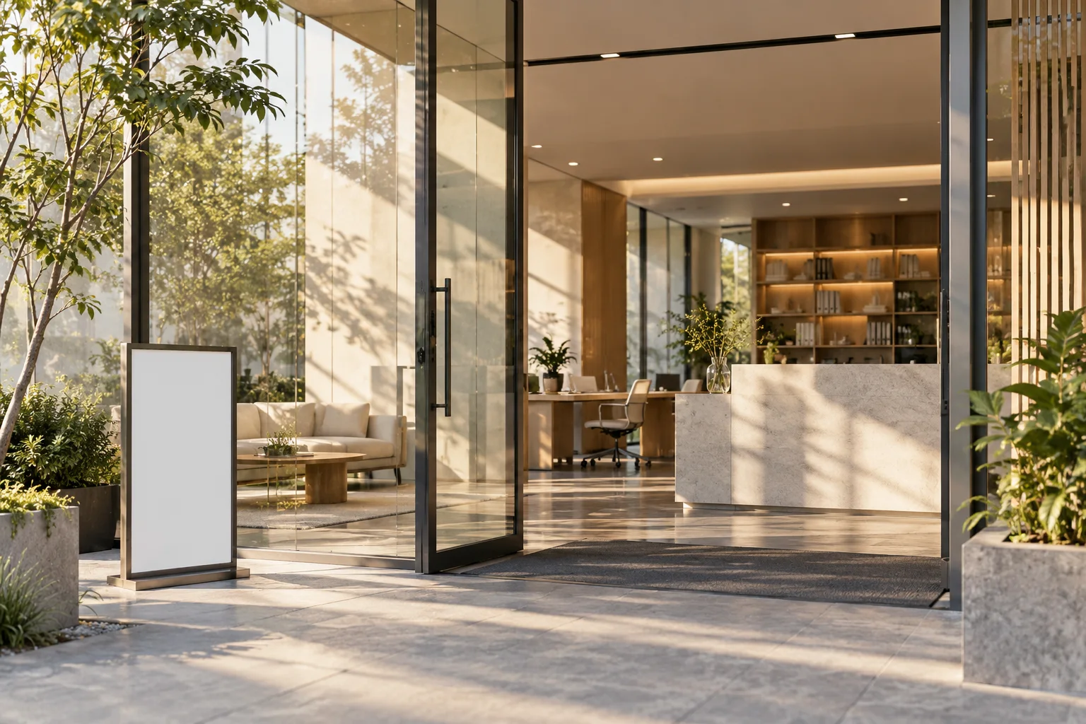 筹备完成的精致经营空间入口,干净设备和空白信息牌可见,体现经营前的准备