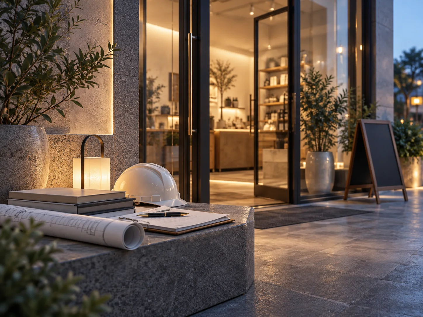 门庭模型的一小段真实材质与经营产品样品相连,表达从准备走向经营,保持实物尺度