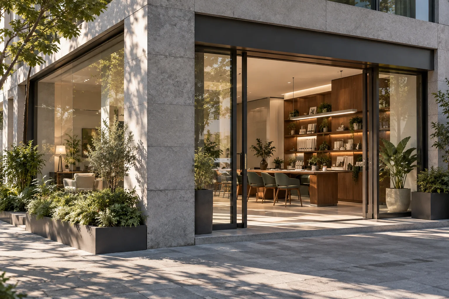 通透的现代街角独立店铺,石材门廊框住温暖的陈列空间,经营日常已从容展开