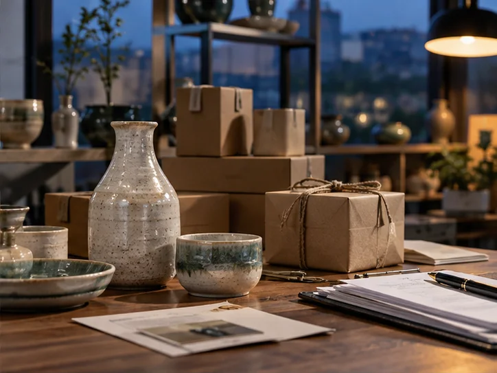 产品设计工作室的陶瓷和包装样品，旁边只有少量业务记录，账务支持产品经营的关系明确