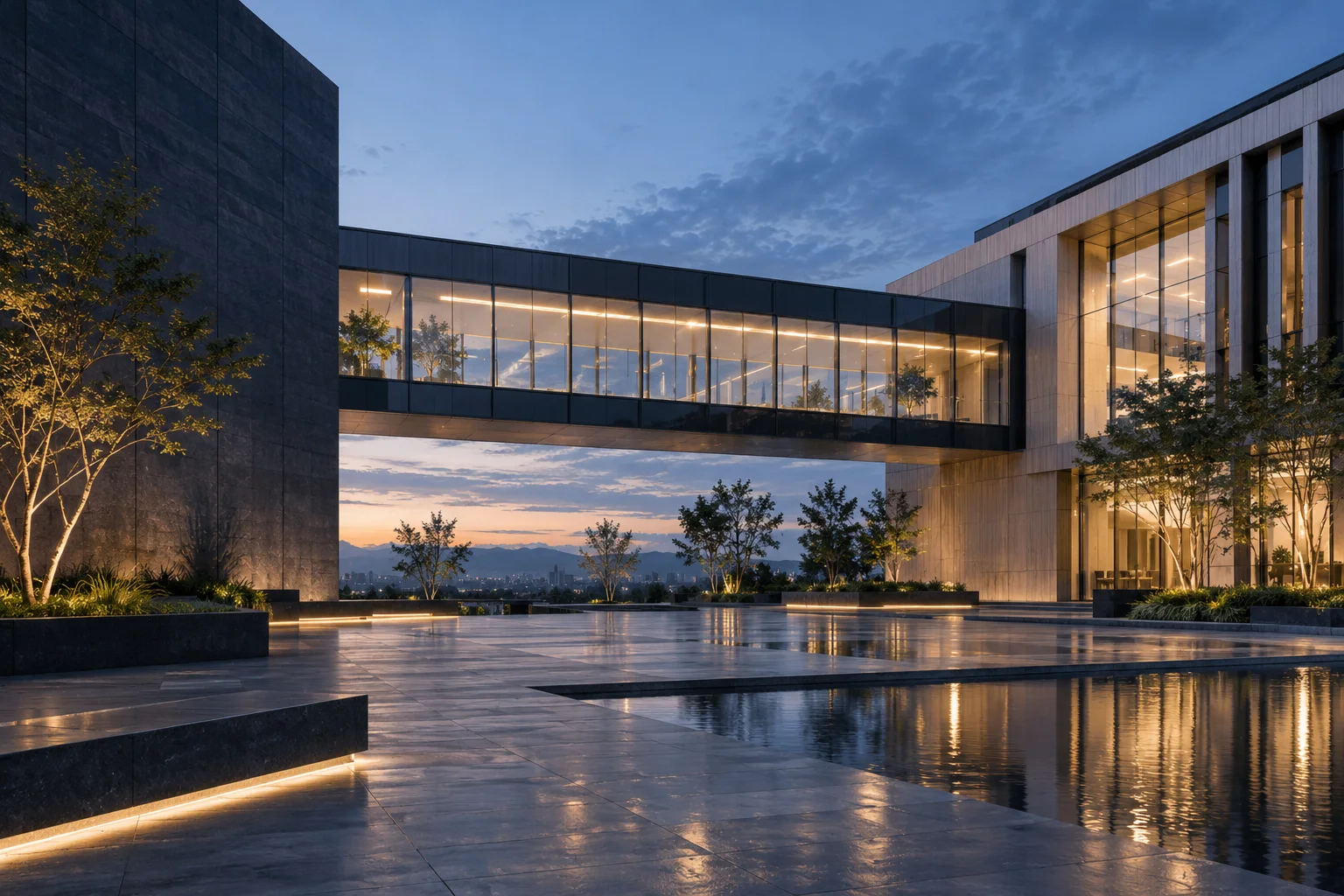 两翼不同材质的建筑通过通透廊桥相连,体量真实克制,以空间关系表达调整与协同