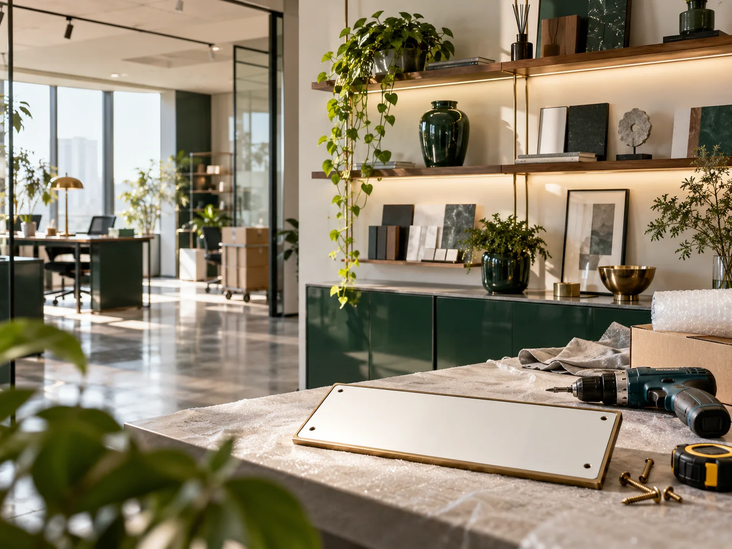 新工作室的样品展示墙刚布置好，未安装的空白门牌与工具放在前景，表达搬迁更新