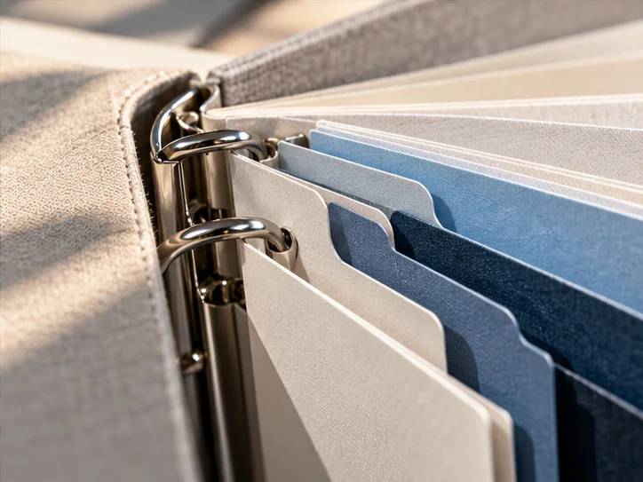 无字公司资料册中不同成员记录分页的接合细节,金属夹与纸张有真实触感