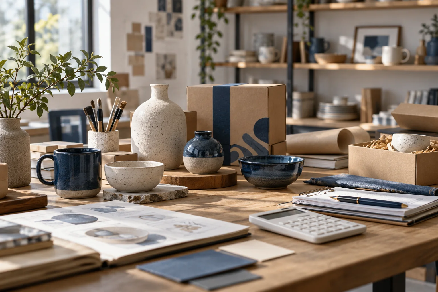 产品设计工作室的陶瓷和包装样品,旁边只有少量业务记录,账务支持产品经营的关系明确