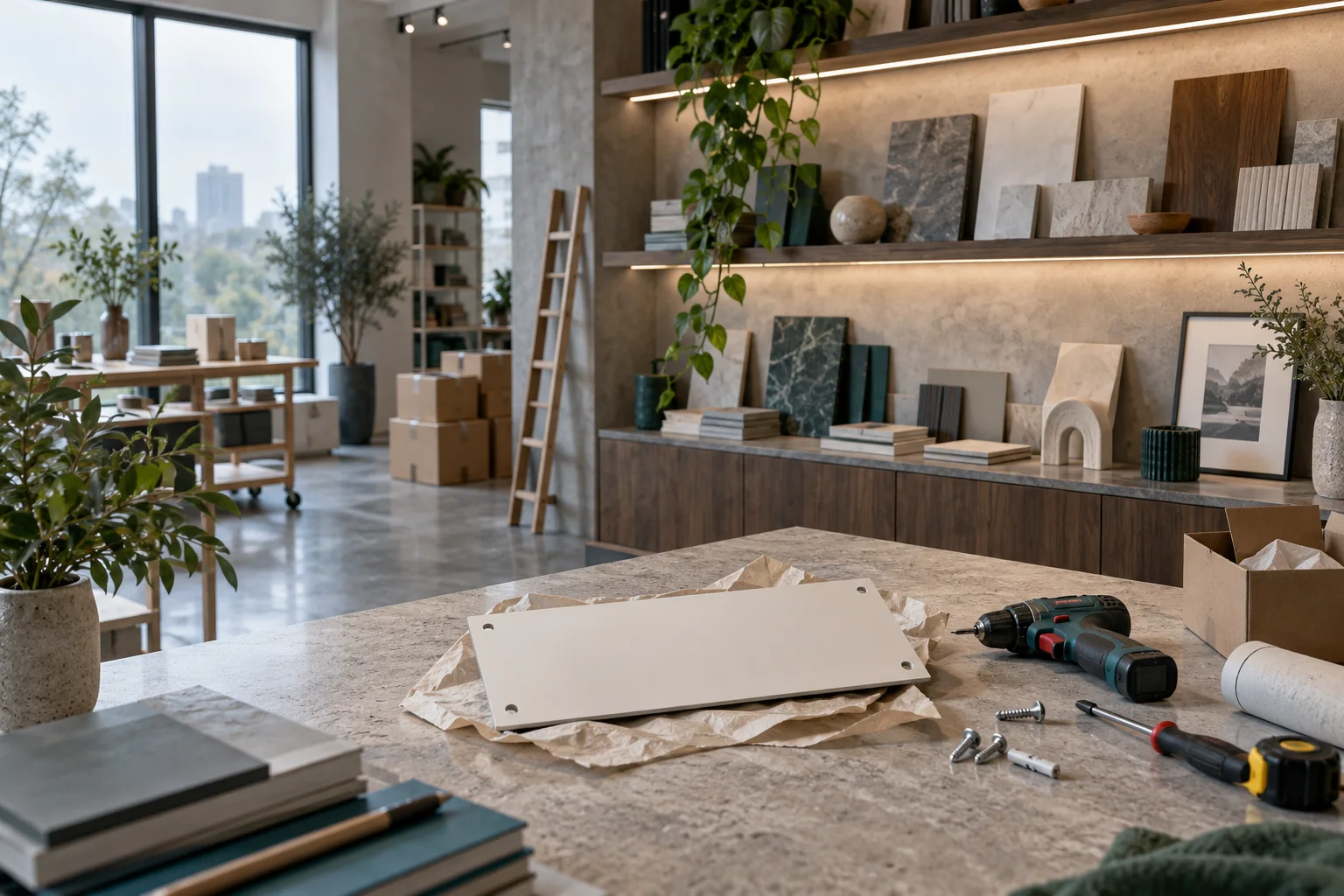 新工作室的样品展示墙刚布置好,未安装的空白门牌与工具放在前景,表达搬迁更新
