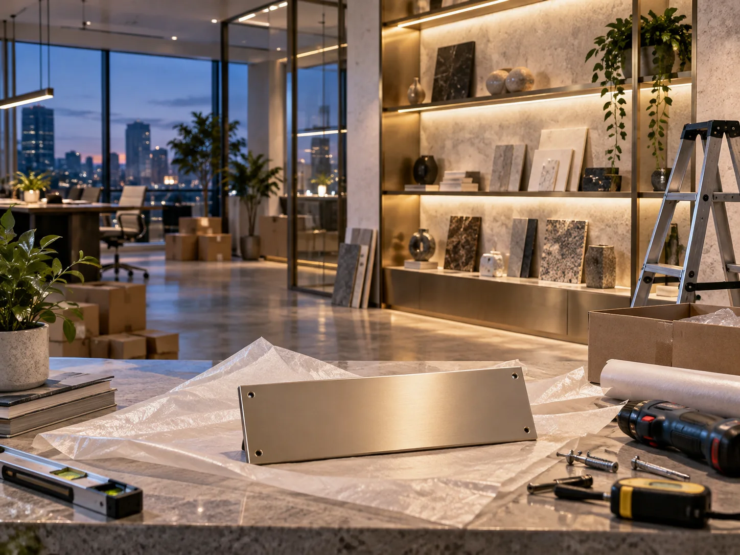 新工作室的样品展示墙刚布置好,未安装的空白门牌与工具放在前景,表达搬迁更新