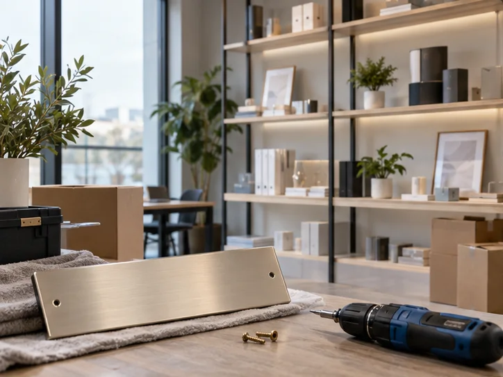 新工作室的样品展示墙刚布置好,未安装的空白门牌与工具放在前景,表达搬迁更新