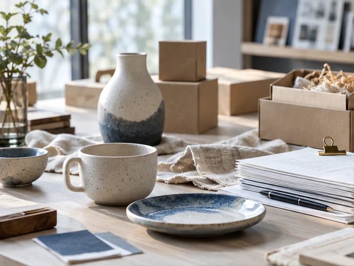 产品设计工作室的陶瓷和包装样品，旁边只有少量业务记录，账务支持产品经营的关系明确