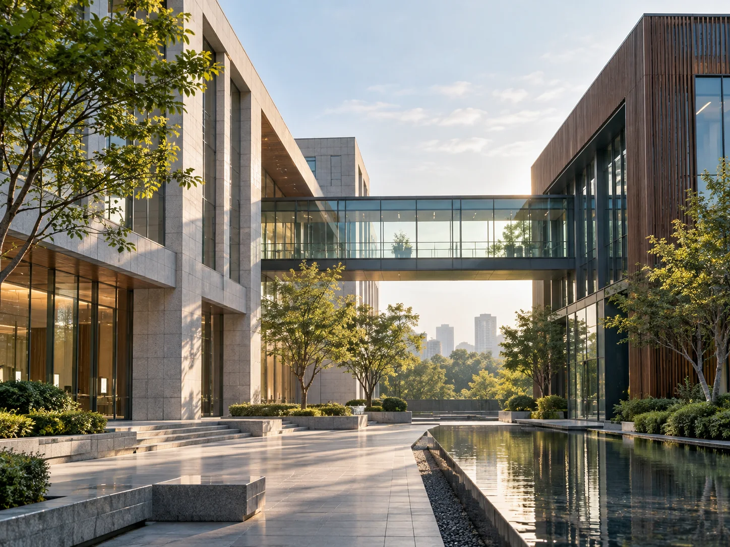 两翼不同材质的建筑通过通透廊桥相连，体量真实克制，以空间关系表达调整与协同