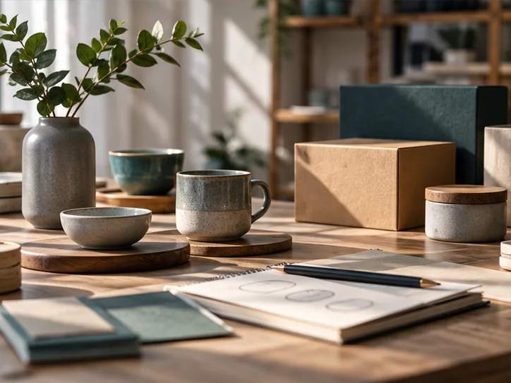 产品设计工作室的陶瓷和包装样品,旁边只有少量业务记录,账务支持产品经营的关系明确