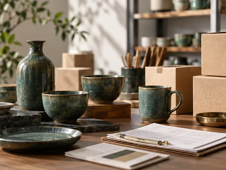 产品设计工作室的陶瓷和包装样品,旁边只有少量业务记录,账务支持产品经营的关系明确