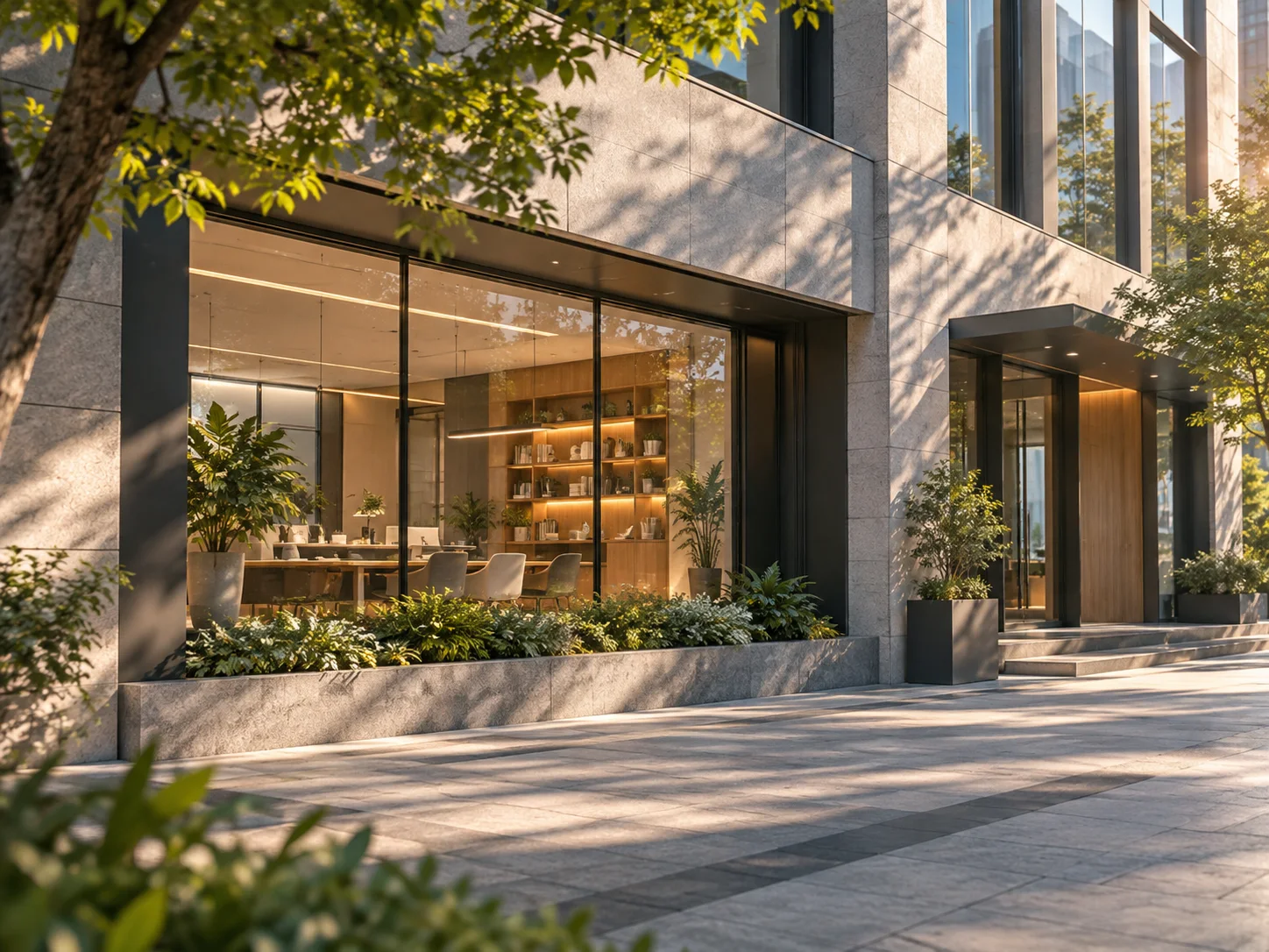 晨间商业建筑的侧立面，精心布置的橱窗成为小范围暖色焦点，前景树影与材质细节丰富