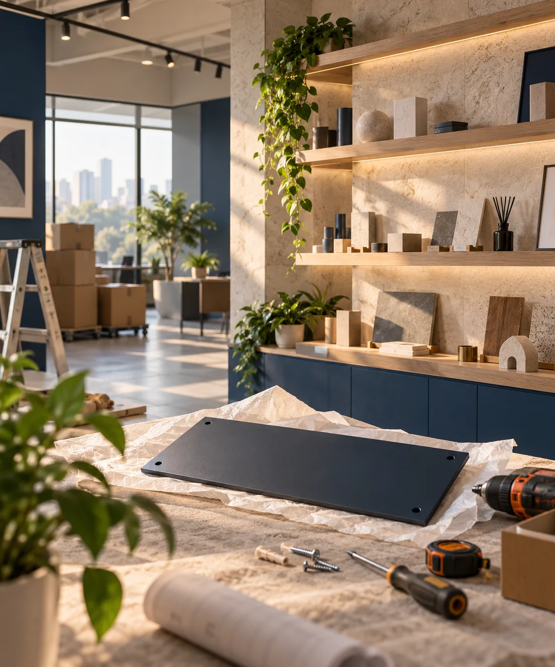 新工作室的样品展示墙刚布置好,未安装的空白门牌与工具放在前景,表达搬迁更新