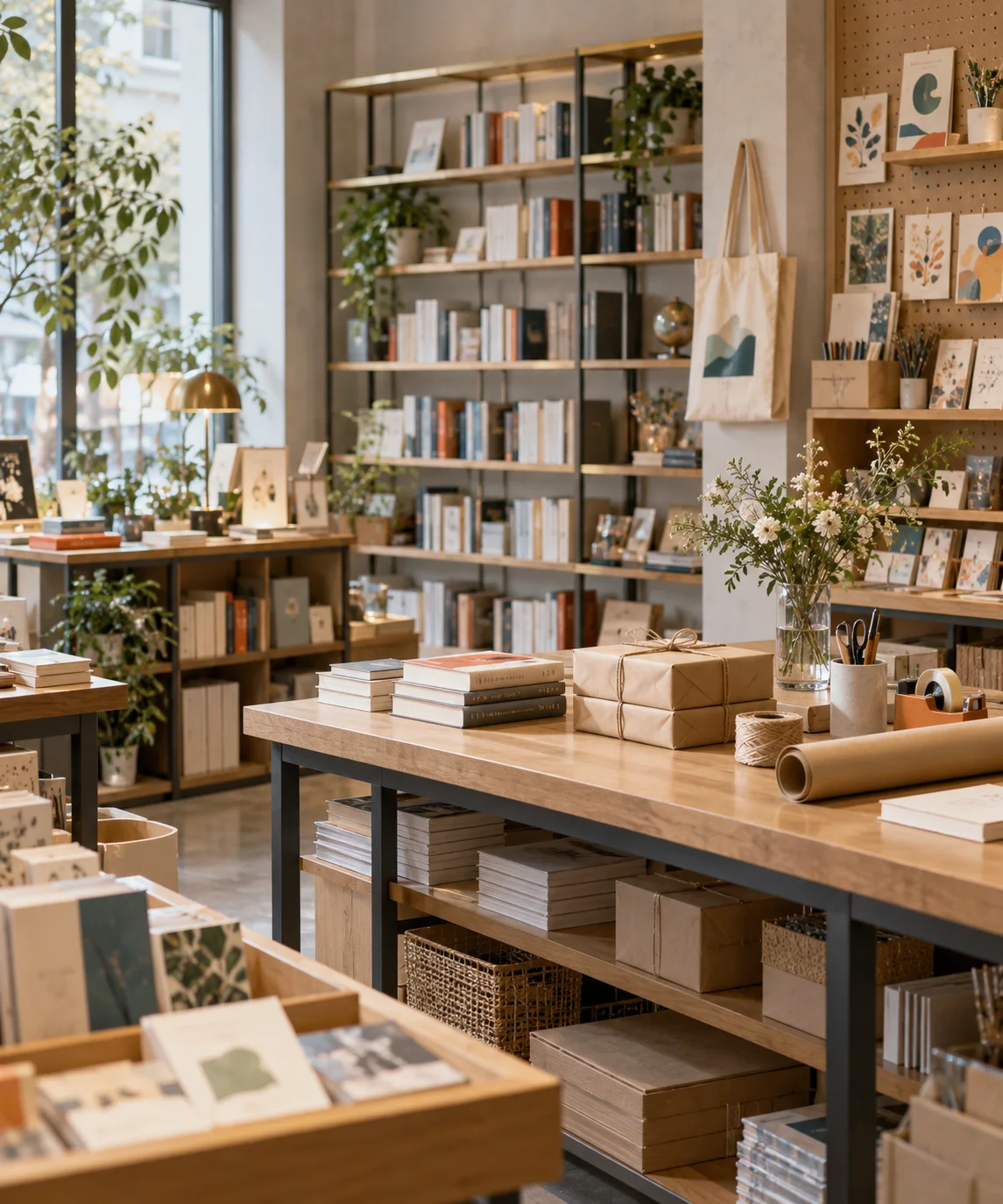 小型图书与文创门店的货架和包装区，书脊无可读文字，表现经营条件准备