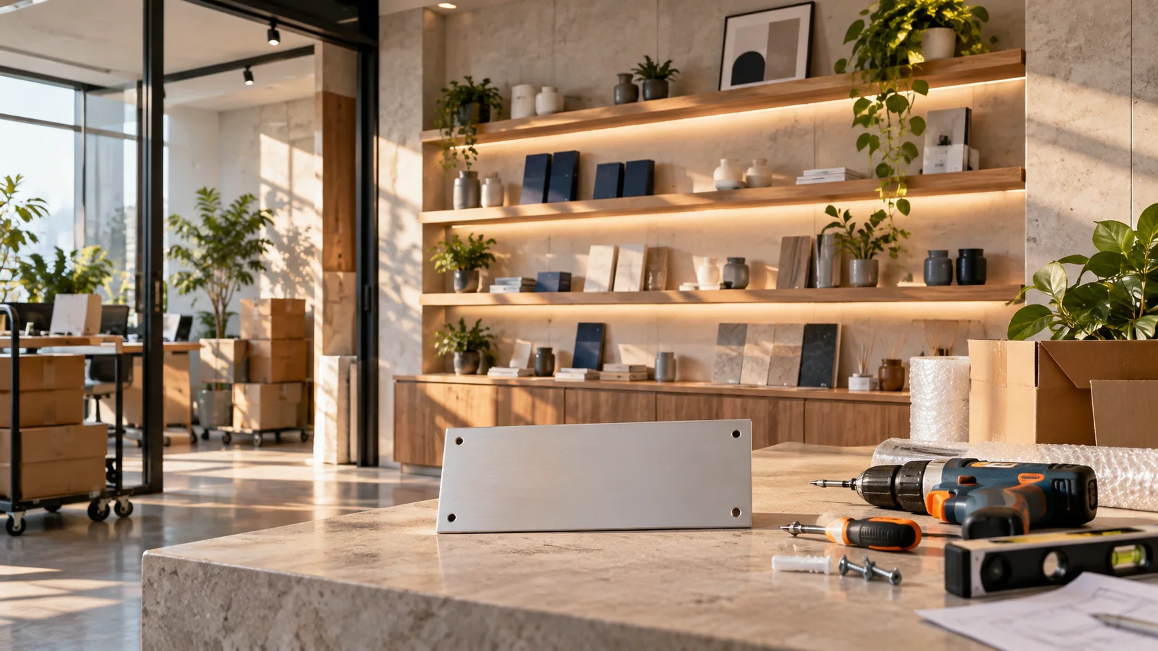 新工作室的样品展示墙刚布置好,未安装的空白门牌与工具放在前景,表达搬迁更新