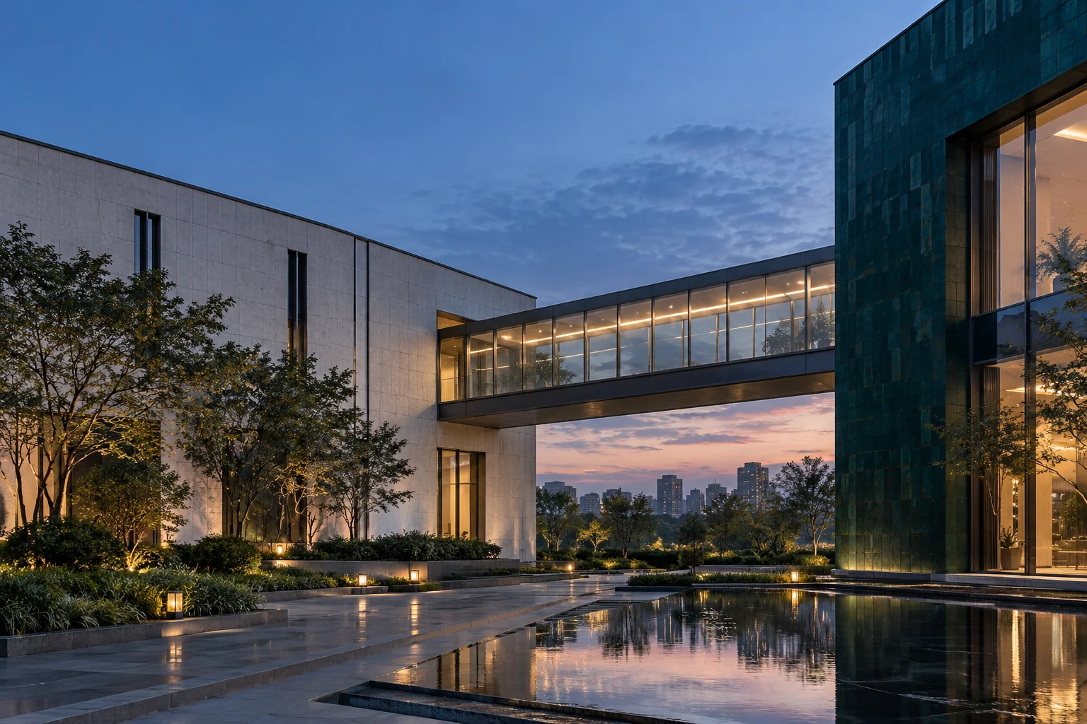 两翼不同材质的建筑通过通透廊桥相连，体量真实克制，以空间关系表达调整与协同