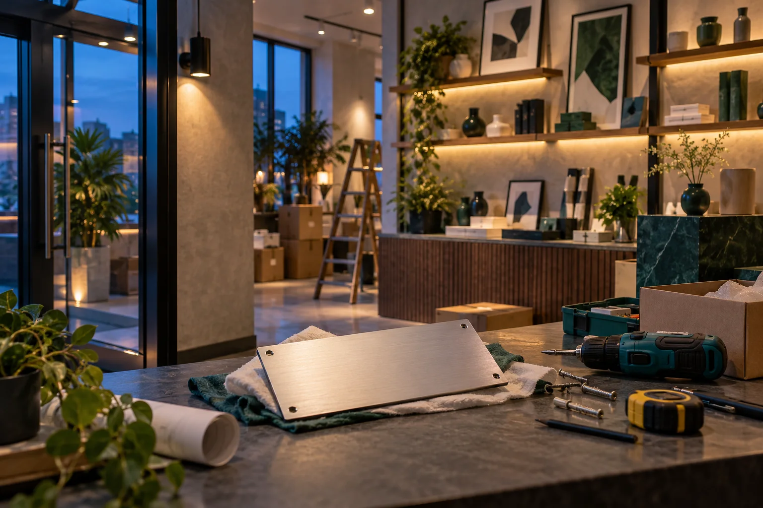 新工作室的样品展示墙刚布置好,未安装的空白门牌与工具放在前景,表达搬迁更新