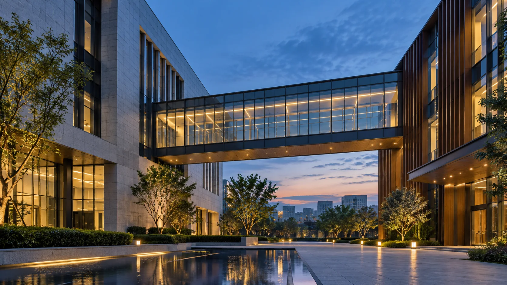 两翼不同材质的建筑通过通透廊桥相连,体量真实克制,以空间关系表达调整与协同