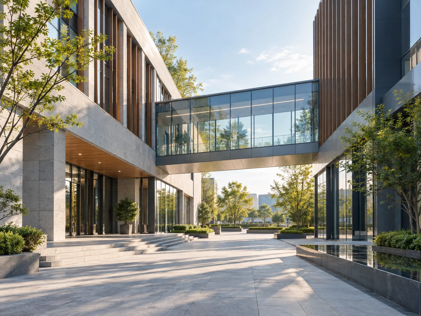 两翼不同材质的建筑通过通透廊桥相连,体量真实克制,以空间关系表达调整与协同
