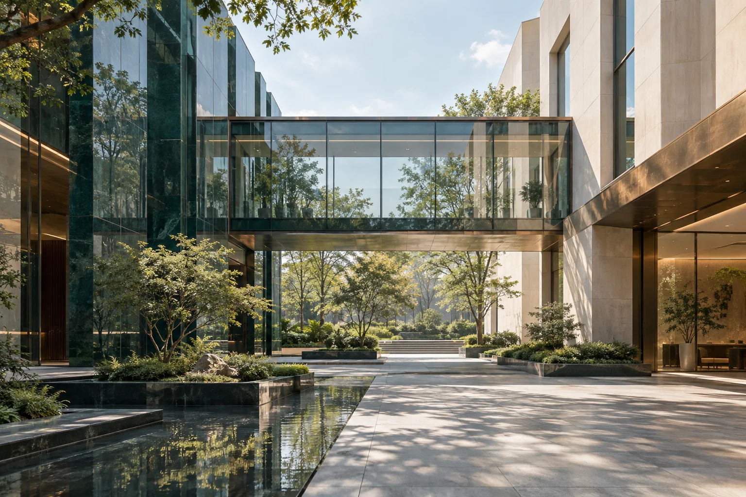 两翼不同材质的建筑通过通透廊桥相连，体量真实克制，以空间关系表达调整与协同