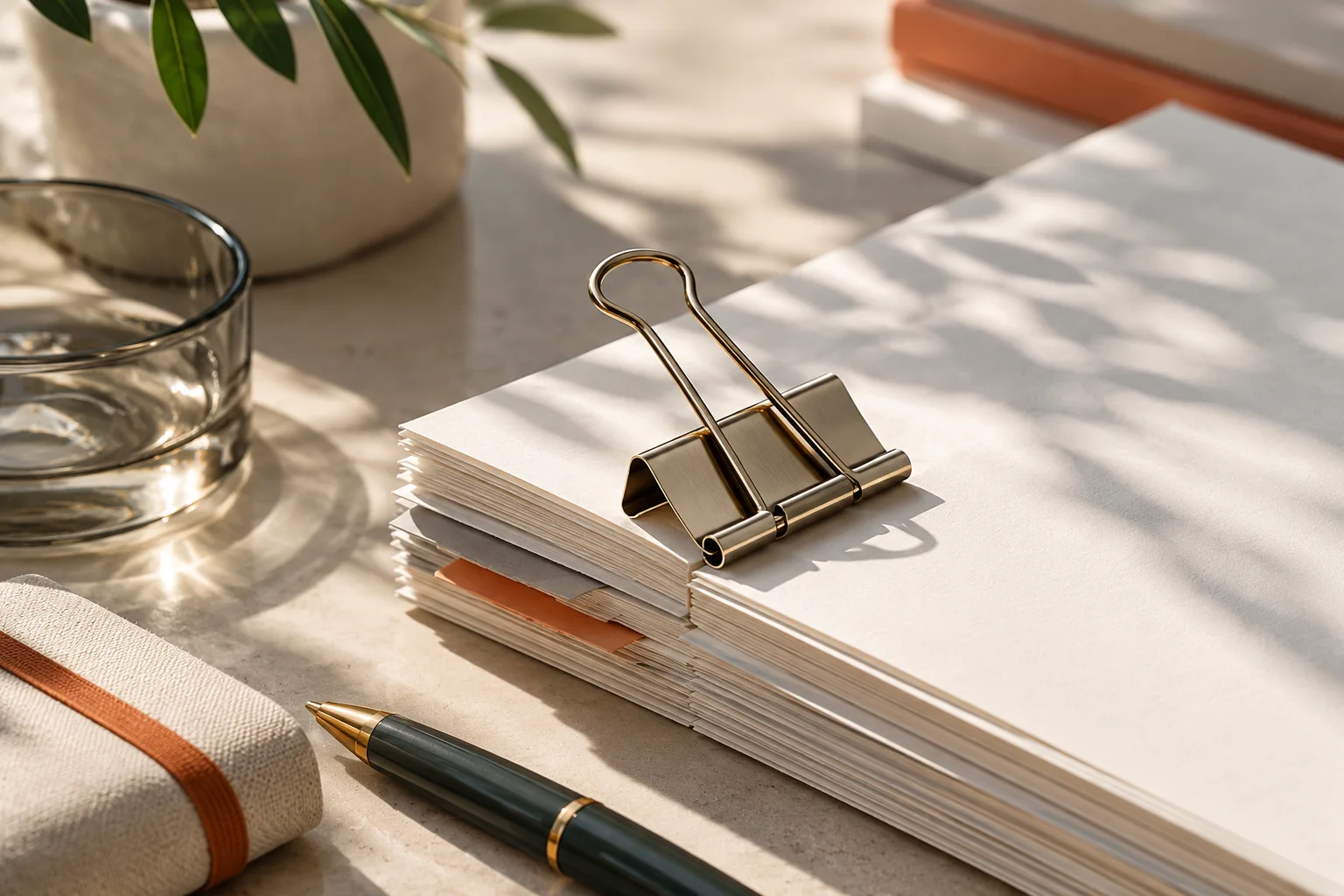 精致金属票据夹与无字纸张的微距,清楚的接触阴影表达归集与细致