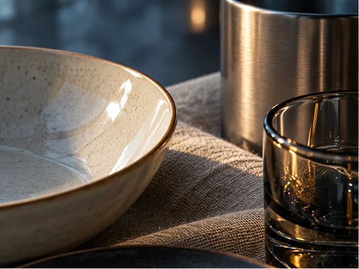经营器皿的釉面、不锈钢细纹和玻璃接触处,体现经营准备中的认真