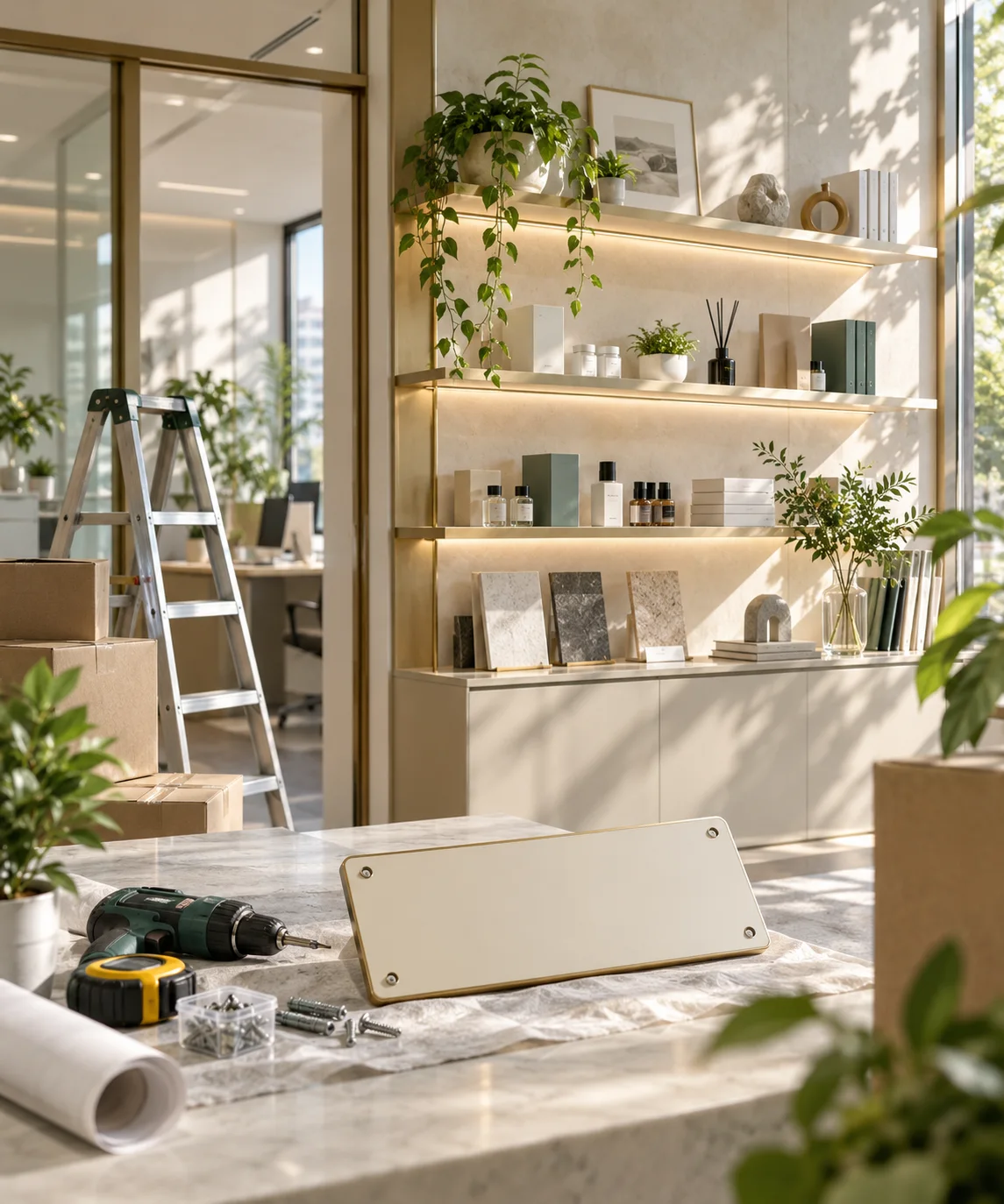新工作室的样品展示墙刚布置好,未安装的空白门牌与工具放在前景,表达搬迁更新