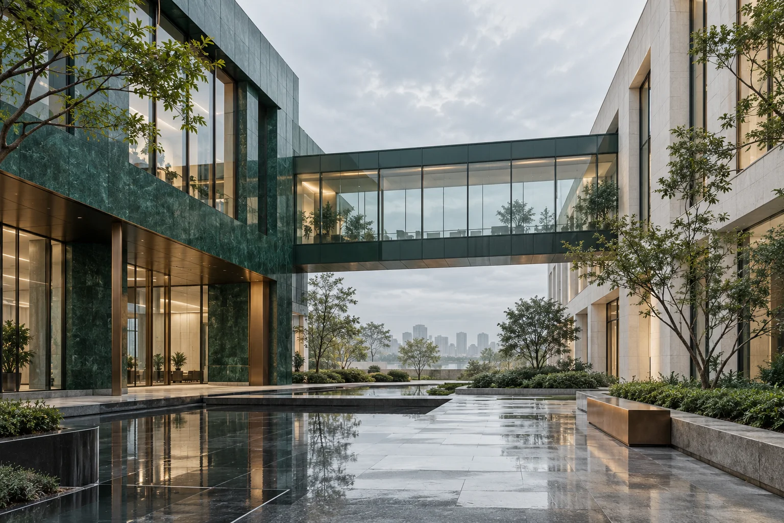 两翼不同材质的建筑通过通透廊桥相连，体量真实克制，以空间关系表达调整与协同