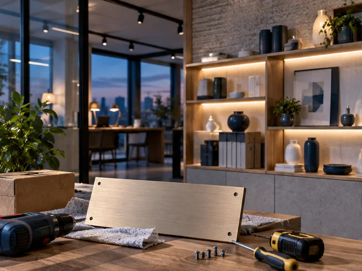 新工作室的样品展示墙刚布置好，未安装的空白门牌与工具放在前景，表达搬迁更新