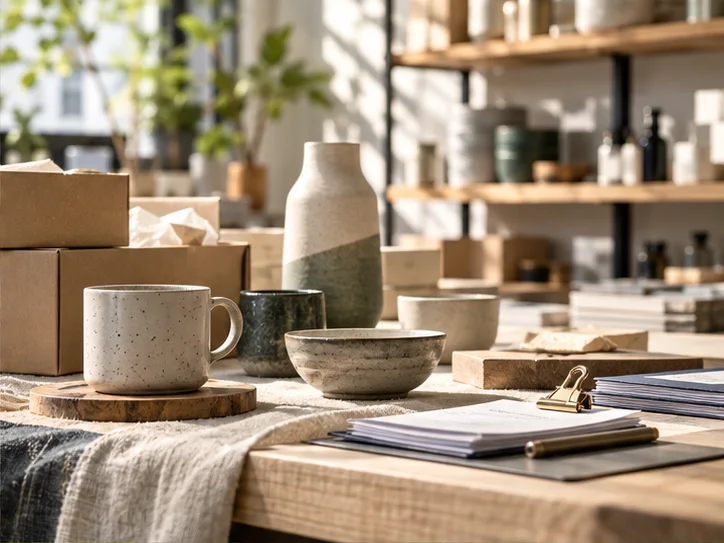 产品设计工作室的陶瓷和包装样品，旁边只有少量业务记录，账务支持产品经营的关系明确