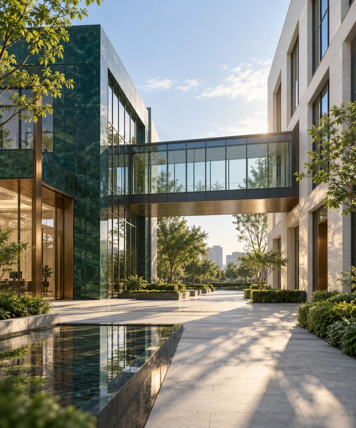 两翼不同材质的建筑通过通透廊桥相连,体量真实克制,以空间关系表达调整与协同