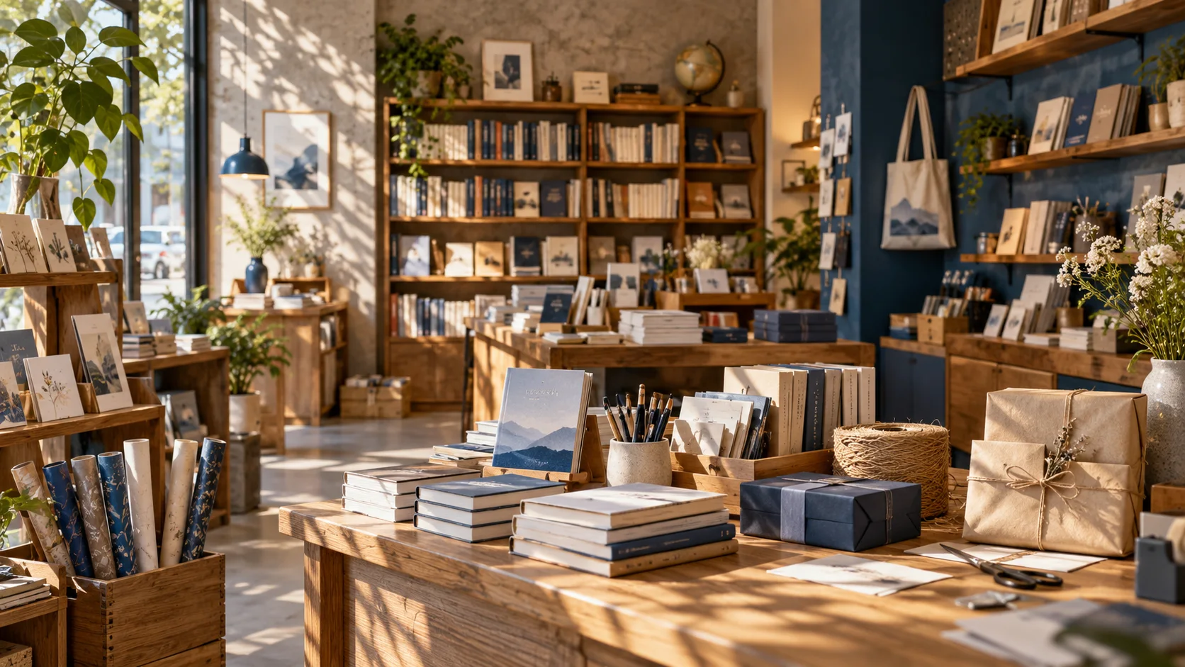 小型图书与文创门店的货架和包装区,书脊无可读文字,表现经营条件准备