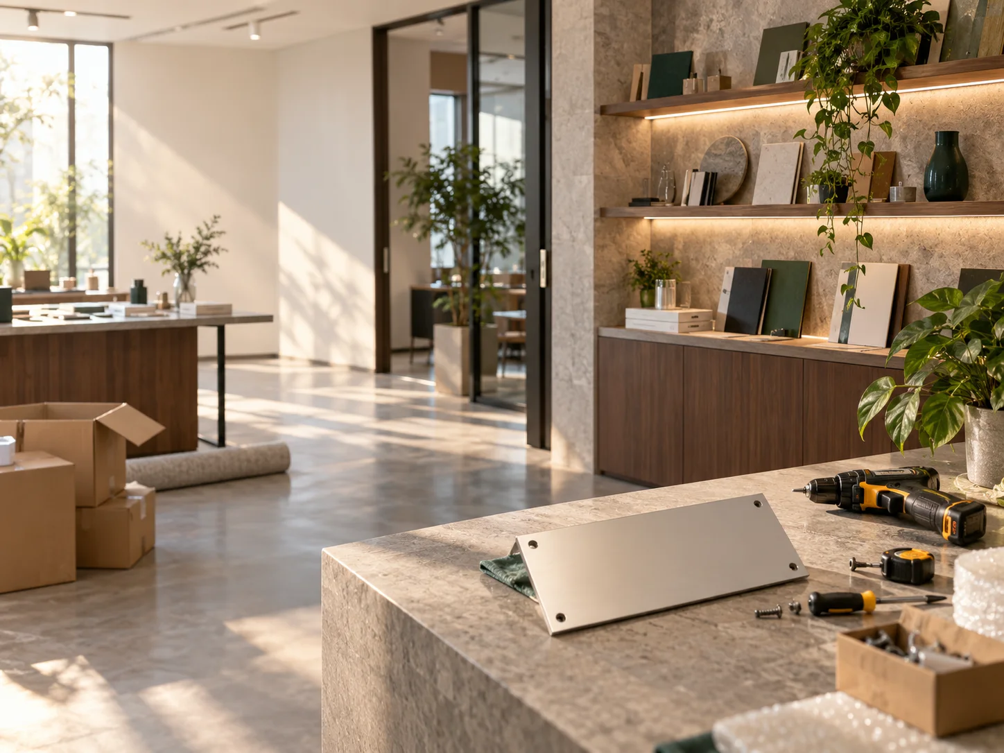 新工作室的样品展示墙刚布置好，未安装的空白门牌与工具放在前景，表达搬迁更新