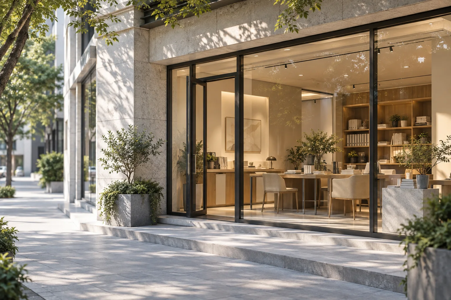 通透的现代街角独立店铺,石材门廊框住温暖的陈列空间,经营日常已从容展开