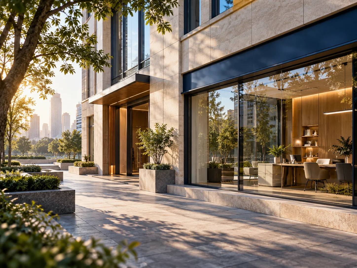 晨间商业建筑的侧立面，精心布置的橱窗成为小范围暖色焦点，前景树影与材质细节丰富