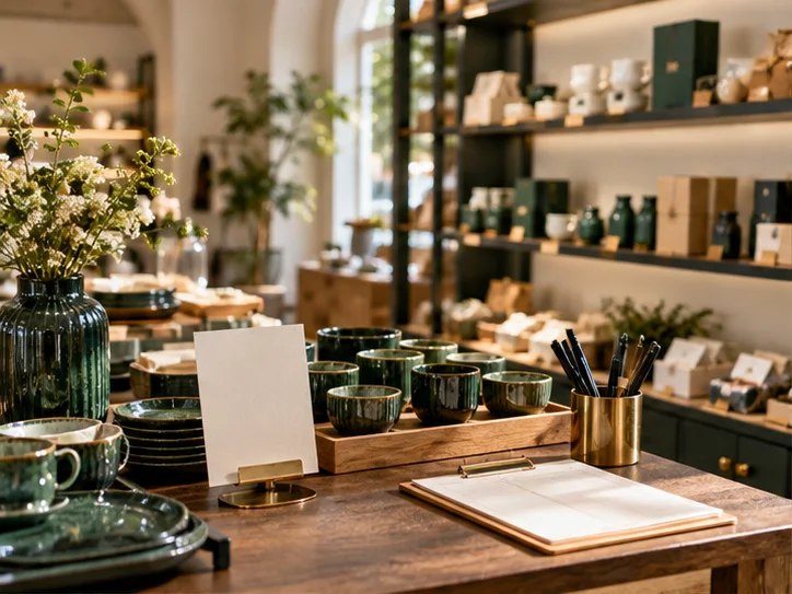 精致小型零售空间的陈列架、产品和空白订单卡，前后景有层次